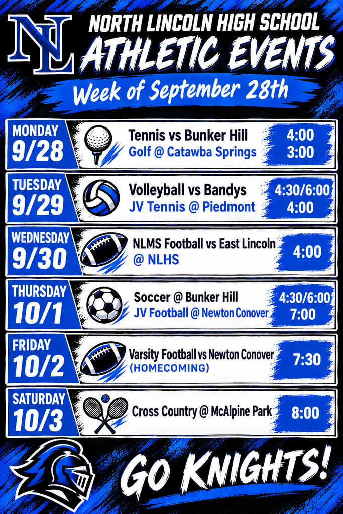 Blue poster lists athletic events for North Lincoln High School during the week of September 28.