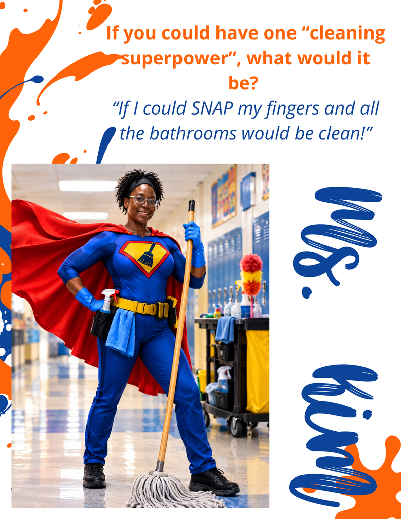 A person in a superhero costume with a red cape and gloves, holding a mop, cleaning a hallway.
