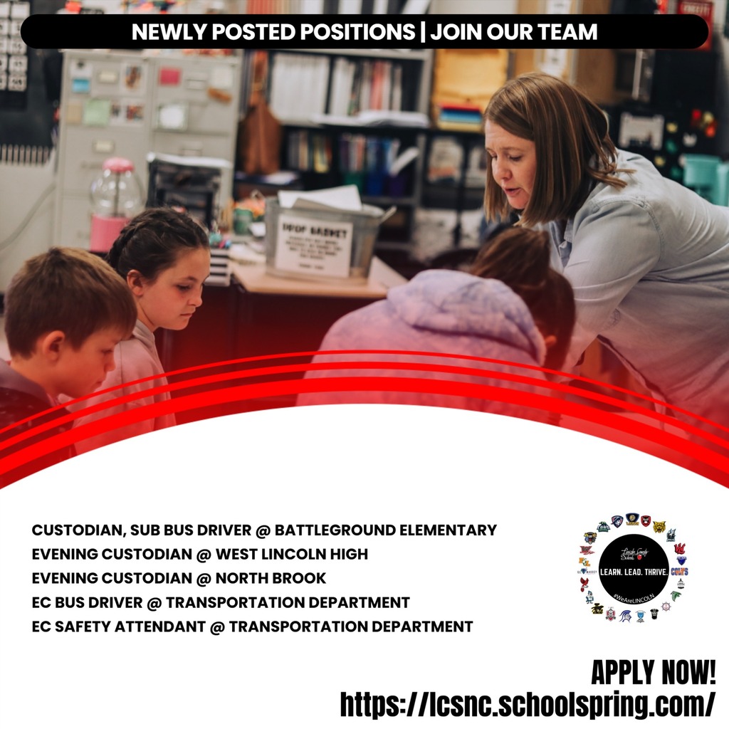 A woman helps children with school supplies in a classroom. Background shows shelves and a desk. Positions available: Custodian, Bus Driver, Evening Custodian, Bus Driver, Safety Attendant.