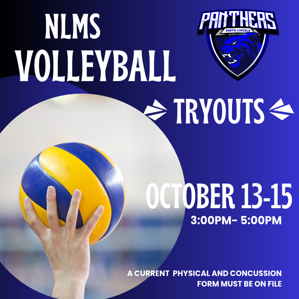 Blue background with text and logo. A hand holds a yellow and blue volleyball. Dates, times, and information are listed.