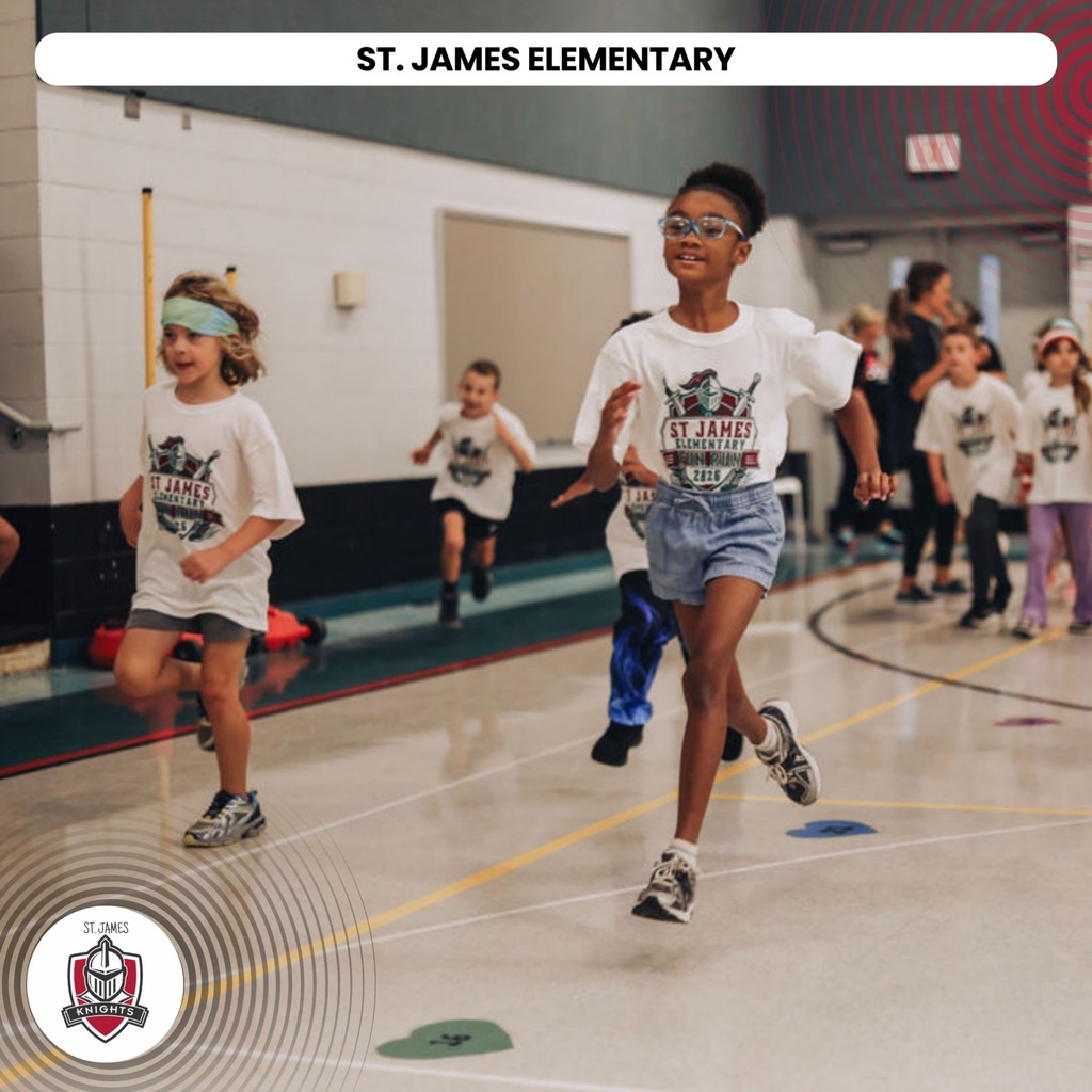 A group of children in athletic wear run in a school gym. Text reads "St. James Elementary."