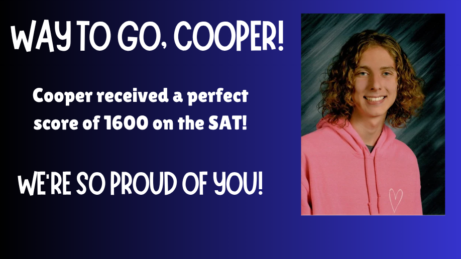 A blue background with white text. Photo of a smiling person wearing a pink hoodie. Text reads "Way to go, Cooper!"