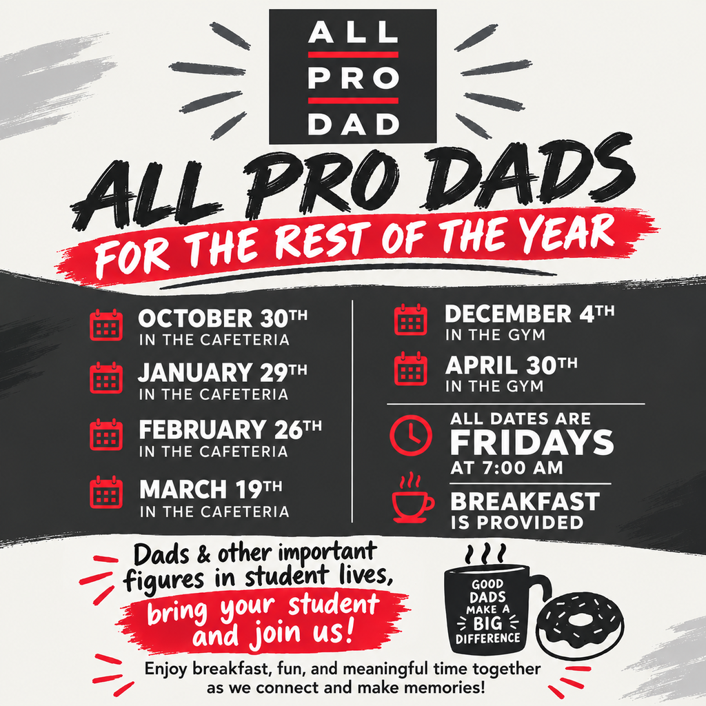 Event poster lists dates for "All Pro Dads" with times, locations, and breakfast details. Dates are October 30, January 29, February 26, March 19, and December 4.