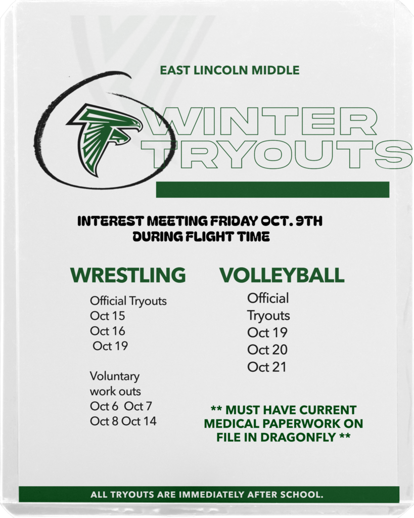 A flyer with a green logo reads "Winter Tryouts" and lists dates for interest meetings and official tryouts for wrestling and volleyball.