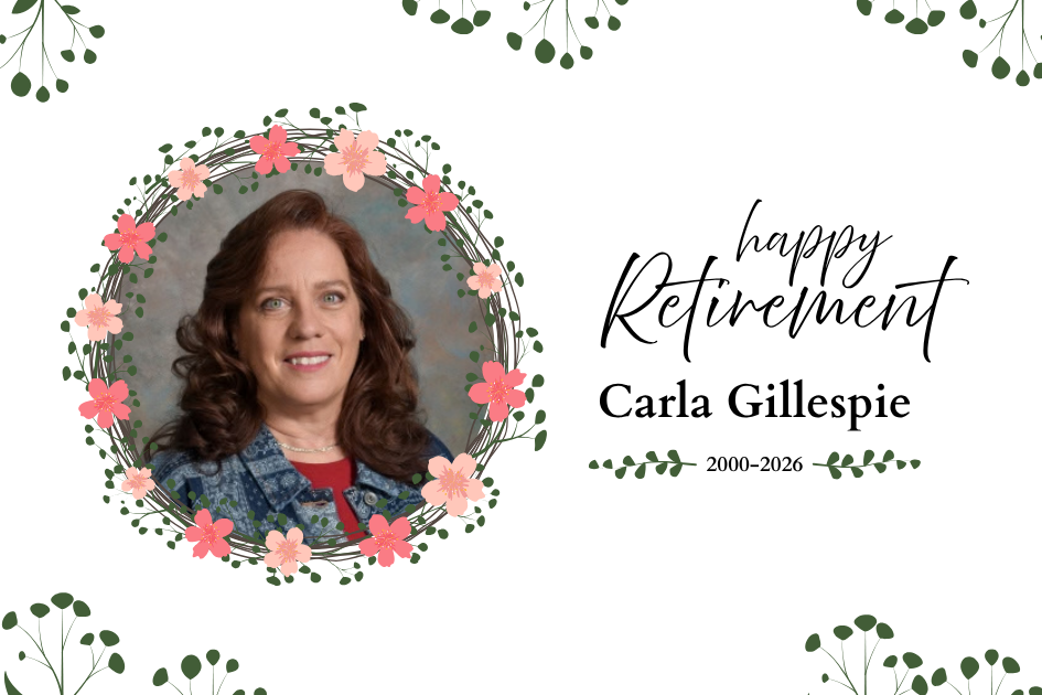 A woman smiling with curly hair and a denim jacket, surrounded by flowers, with the words "Happy Retirement Carla Gillespie"