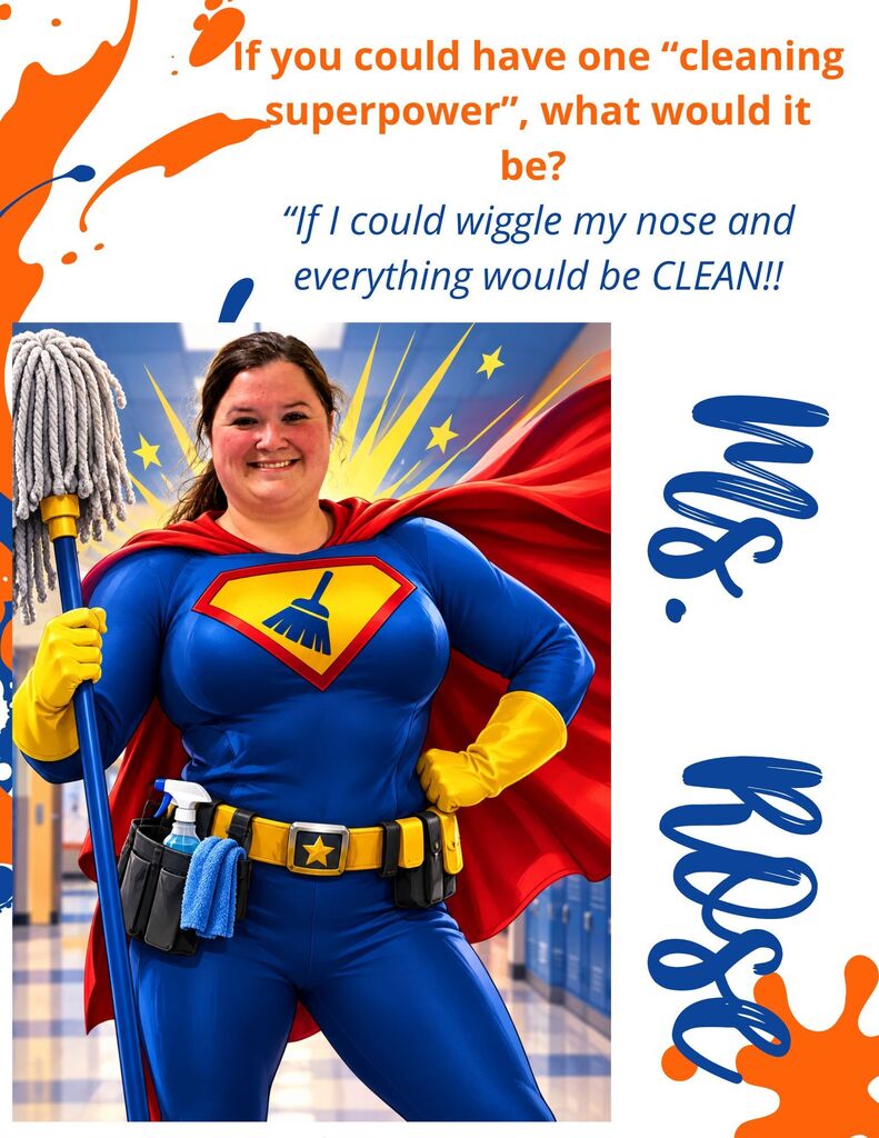 A woman dressed in a blue superhero costume with a cleaning theme, holding a mop and smiling.