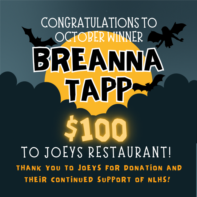 An award announcement poster congratulates Breanna Tapp for winning in October. It includes a $100 donation to Joeys Restaurant.