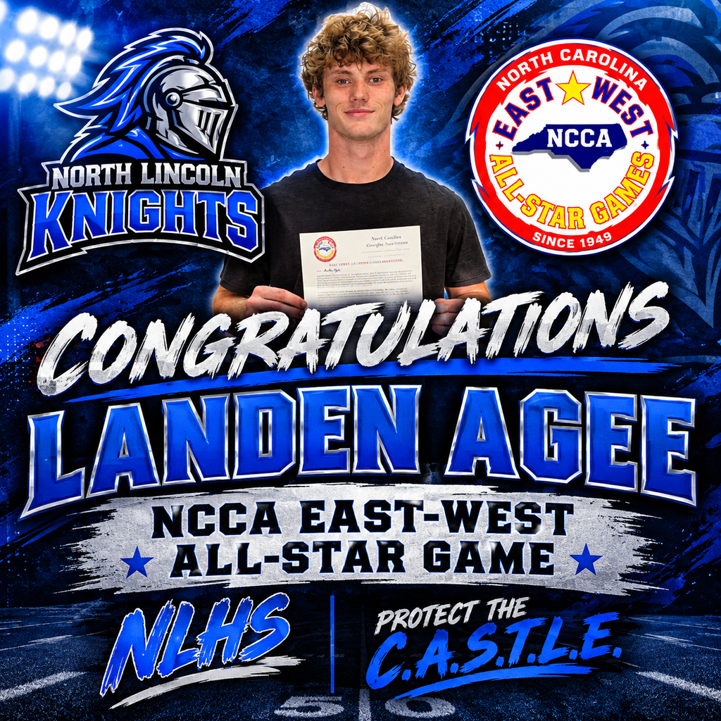 A young man stands holding a certificate with "CONGRATULATIONS LANDEN AGEE" text. Logos for North Lincoln Knights, NCCA, and NCEA are present.