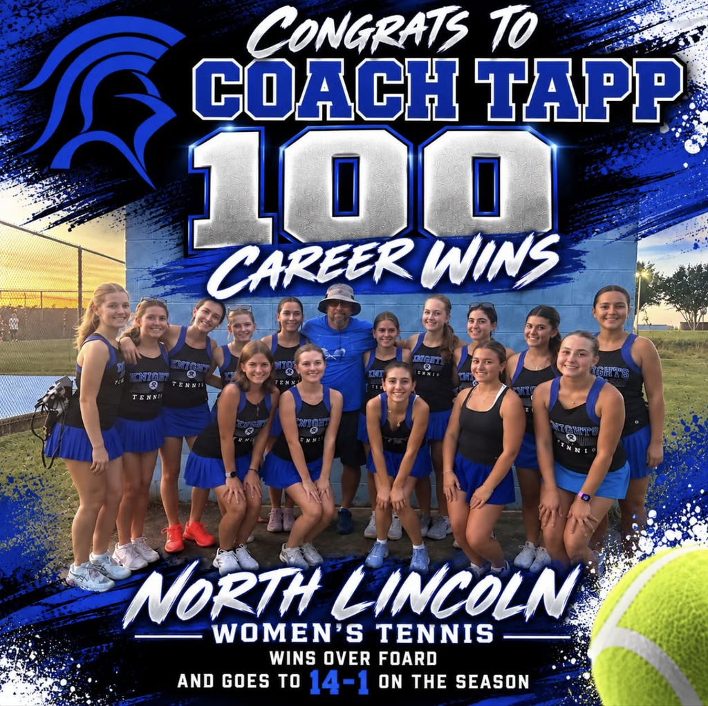 A team of women's tennis players in blue uniforms stand in front of a blue background, celebrating 100 career wins.