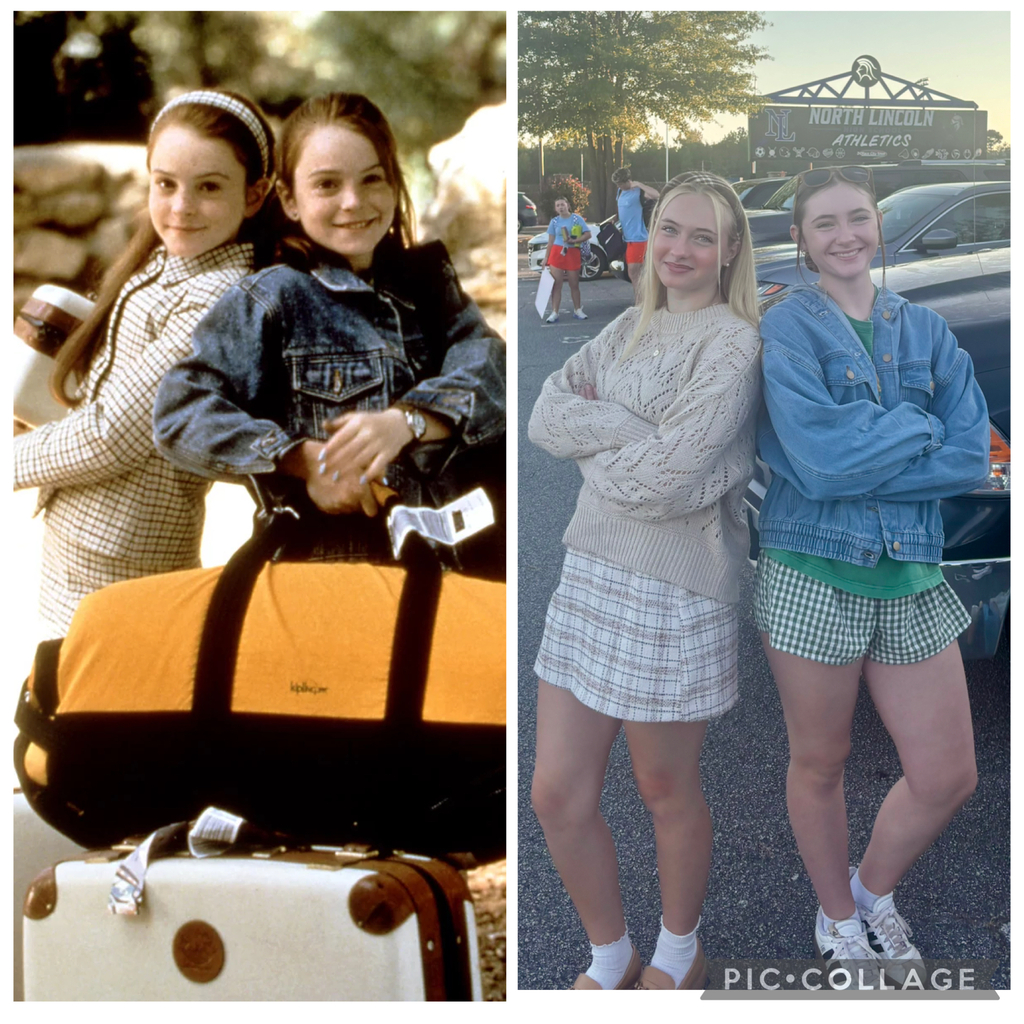 Two images side by side: two girls as children, one holding a bag; same girls as adults, standing.