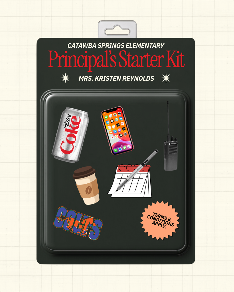 Starter kit with items including a soda can, phone, pen, walkie talkie, cup, calendar, Colts logo, and sticker on a white graph background.