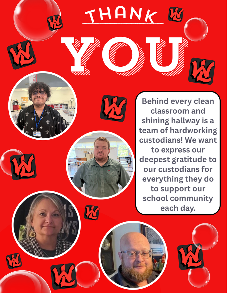 A flyer with a red background covered with red balloon bubbles and the "W" logo for Lincoln County Schools. Large text at the top reads: "THANK YOU". Below the title are four circular photo frames showing school custodians. A rounded rectangle on the right contains the following text: "Behind every clean classroom and shining hallway is a team of hardworking custodians! We want to express our deepest gratitude to our custodians for everything they do to support our school community each day."