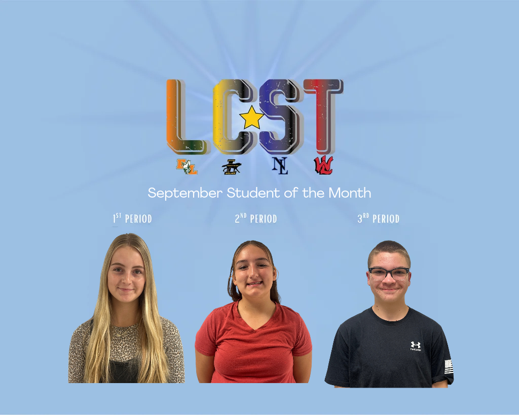 Three students stand in front of a blue background with LC*ST logo. The students are identified as First, Second, and Third place.