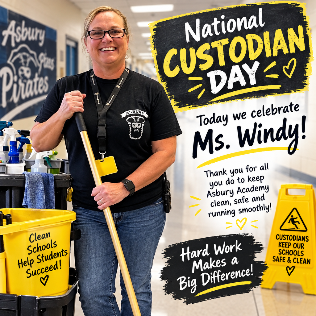 A woman holds a mop, smiling, standing near a hallway. A yellow sign says "National Custodian Day" and "Hard Work Makes a Big Difference".