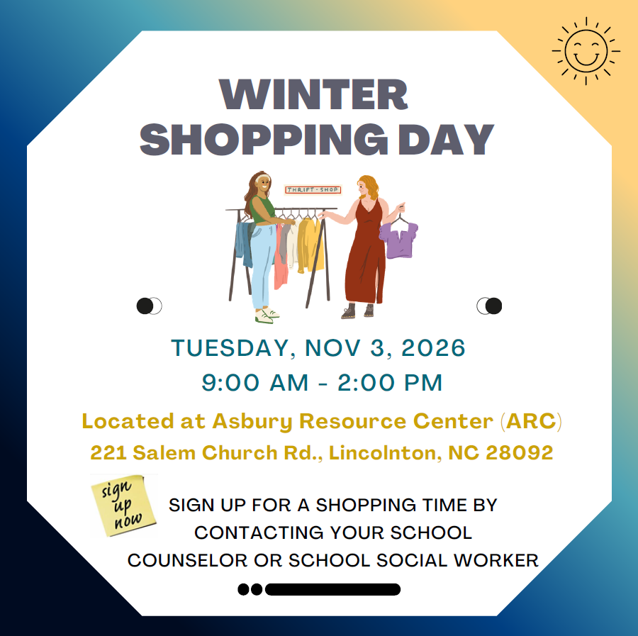 An advertisement for Winter Shopping Day on November 3, 2026, from 9:00 AM to 2:00 PM at Asbury Resource Center.