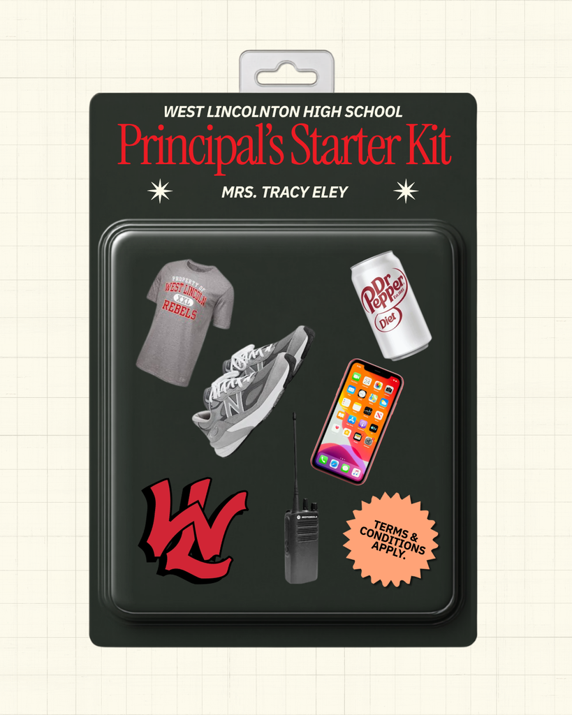 Starter kit with West Lincoln High School branding. Items include a t-shirt, sneakers, a soda can, a cell phone, and other items.