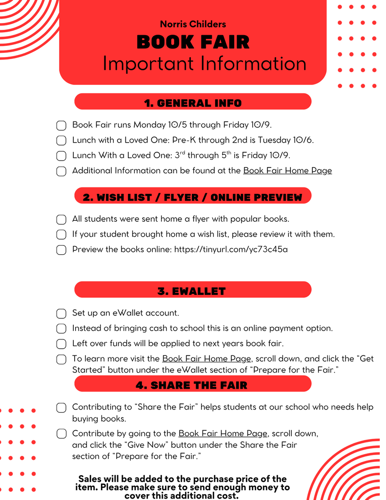 A document titled "Important Information" for a Book Fair. Sections include general info, wish list, eWallet, and sharing the fair.
