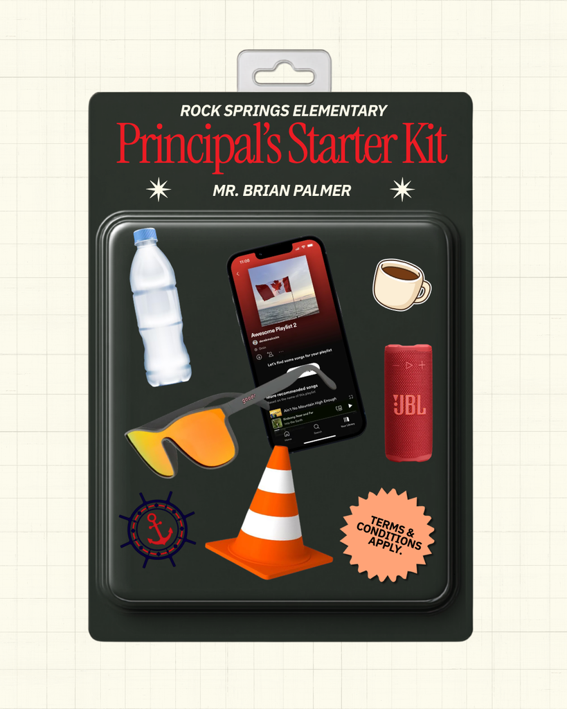 A package contains items including a phone, sunglasses, a cone, a coffee cup, a water bottle, and a JBL speaker.