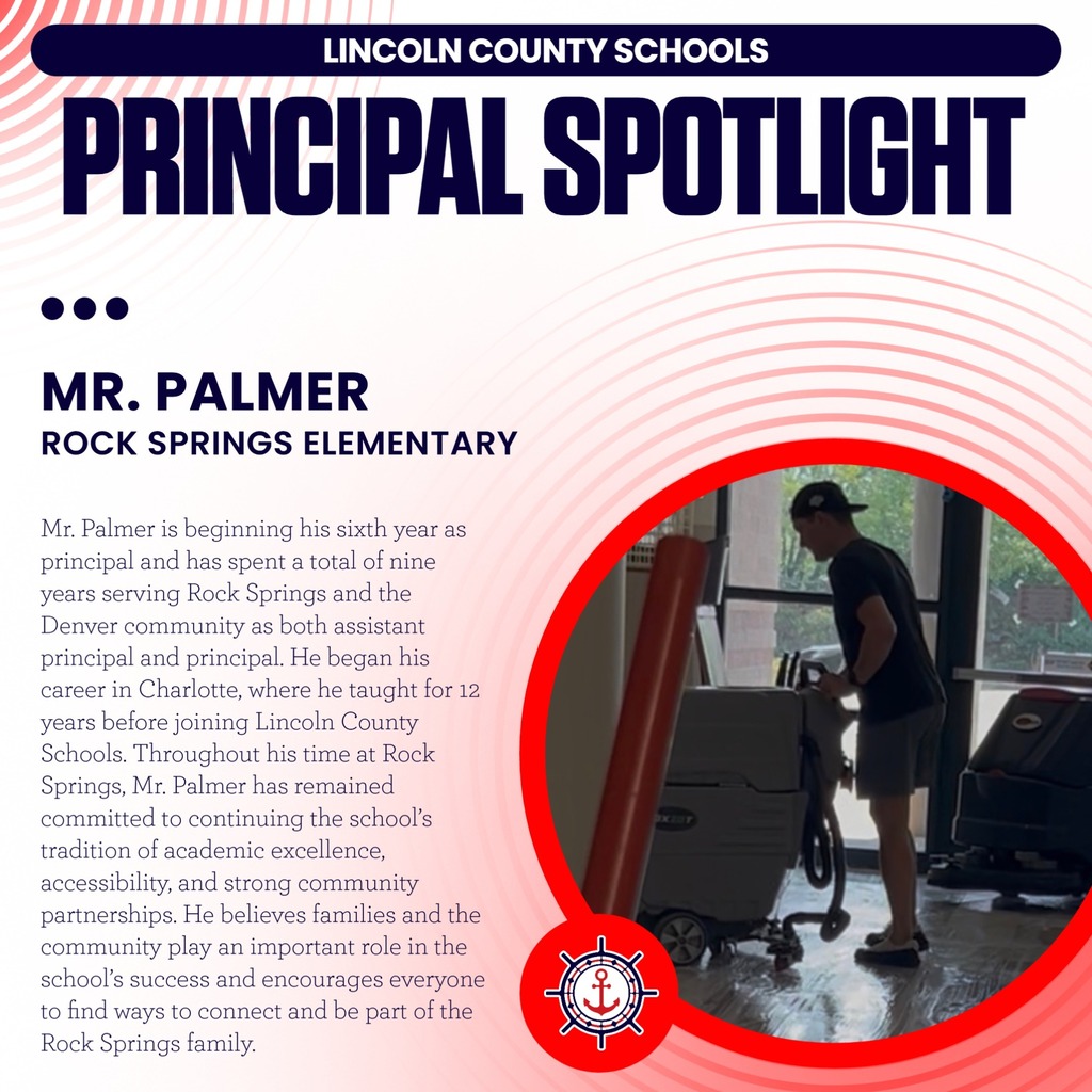 A promotional graphic highlights Mr. Palmer, the principal at Rock Springs Elementary, with an image of him cleaning a school hallway.
