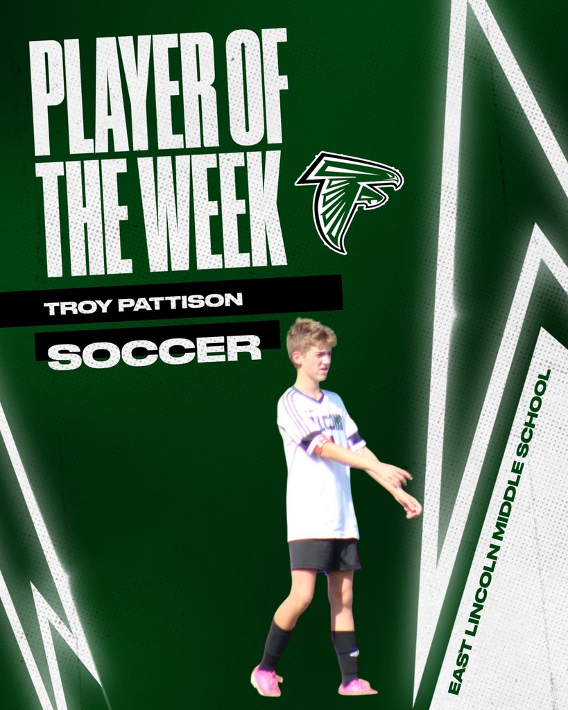 A green background features the words "Player of the Week" and a Falcons logo. A young boy, Troy Pattison, wears a white soccer uniform and black shorts.