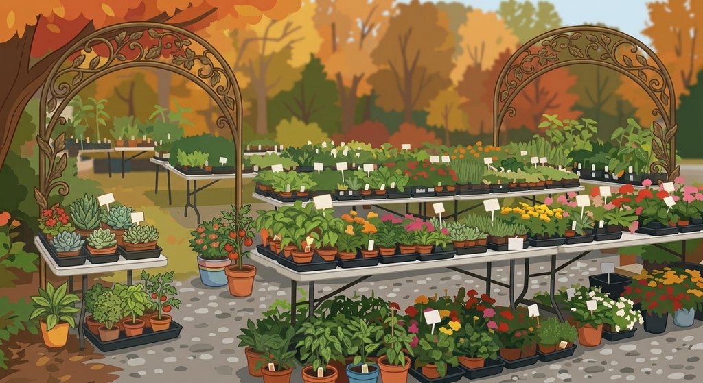 Illustration of a garden center with rows of potted plants and flowers under arched trellises, set against a backdrop of trees.