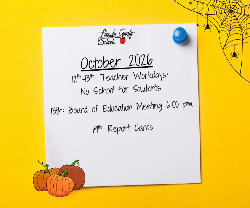 A white paper with black text on a yellow background lists events for October 2026. Pumpkins and a spider web add festive context.
