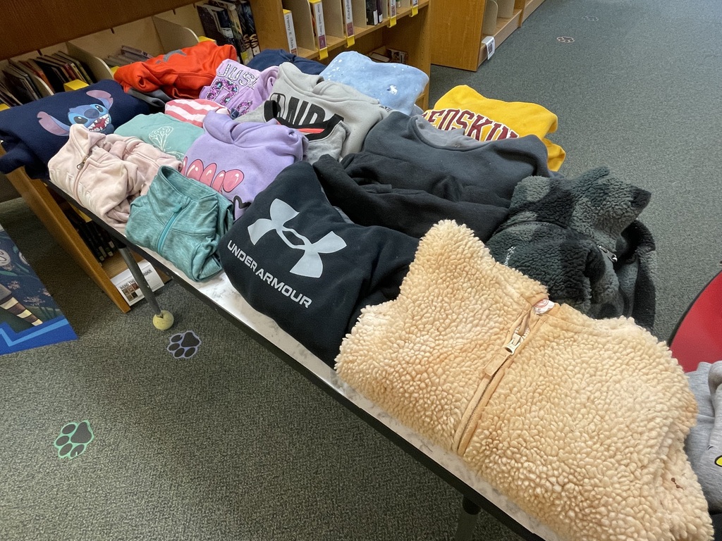 A table displays numerous clothing items, including hoodies and T-shirts, in various colors and styles. The table is in a room with shelves and a carpeted floor.