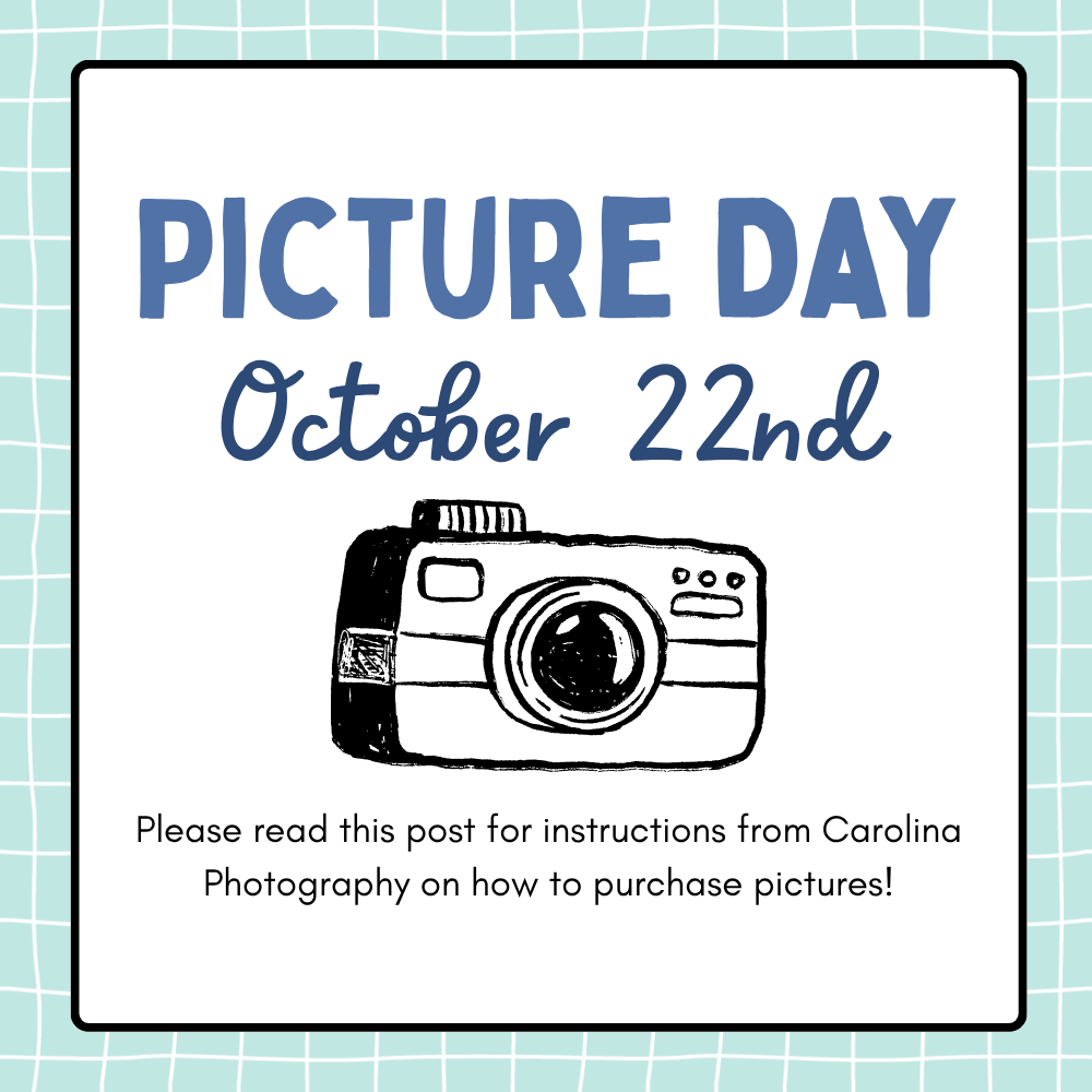 A white and blue background with a blue frame. "PICTURE DAY October 22nd" is written in blue text. An image of a camera is below.