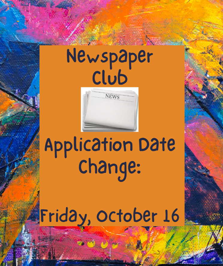 An orange background displays the words "Newspaper Club" with a small picture of a paper. Below it is "Application Date change: Friday, October 16".