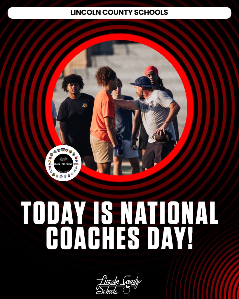 Circular graphic with text "Today is National Coaches Day!" shows people standing in a circle, including one holding a football.