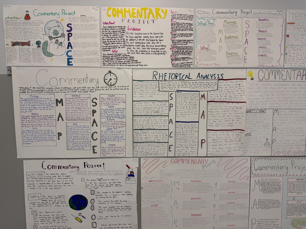 A collection of project posters on a white wall. Each poster has different sections, text, and images.