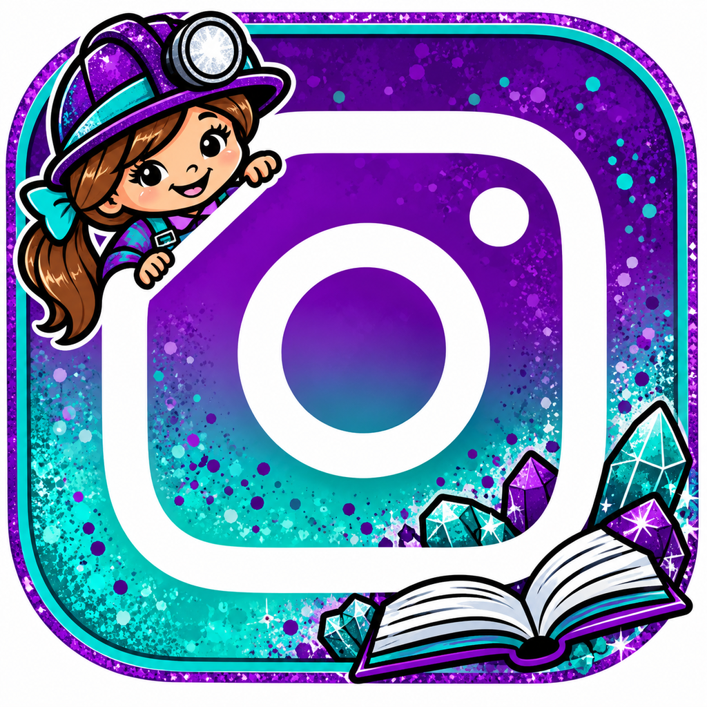 Girl with a purple hat leaning on Instagram logo. An open book with crystals and a purple background.