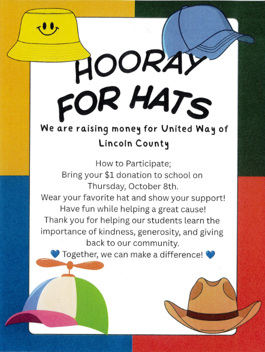 Colorful poster with four hats displayed. Text reads "HOORAY FOR HATS" and "We are raising money for United Way of Lincoln County."
