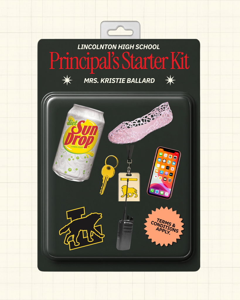 A black package contains a starter kit. Items include a Sun Drop can, shoe, key, phone, and stickers.