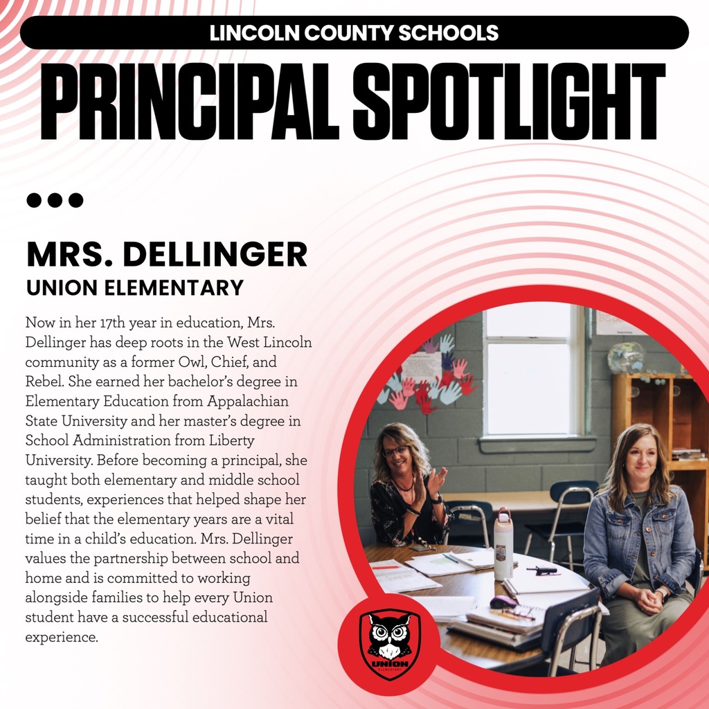 Two women, one seated at a desk, one standing, with text "PRINCIPAL SPOTLIGHT" and "MRS. DELLINGER UNION ELEMENTARY."