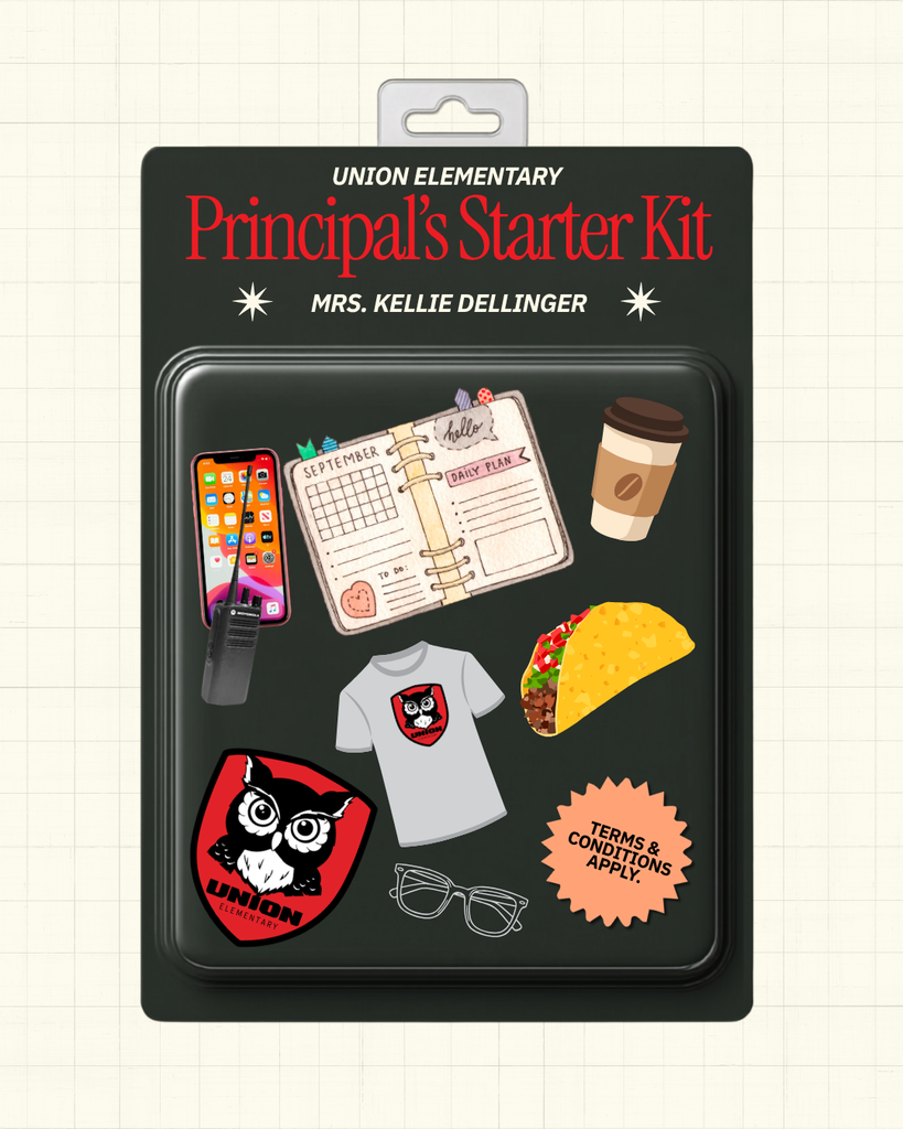 Black package contains items: a planner, phone, radio, tacos, coffee, shirt, glasses, and owl logo.