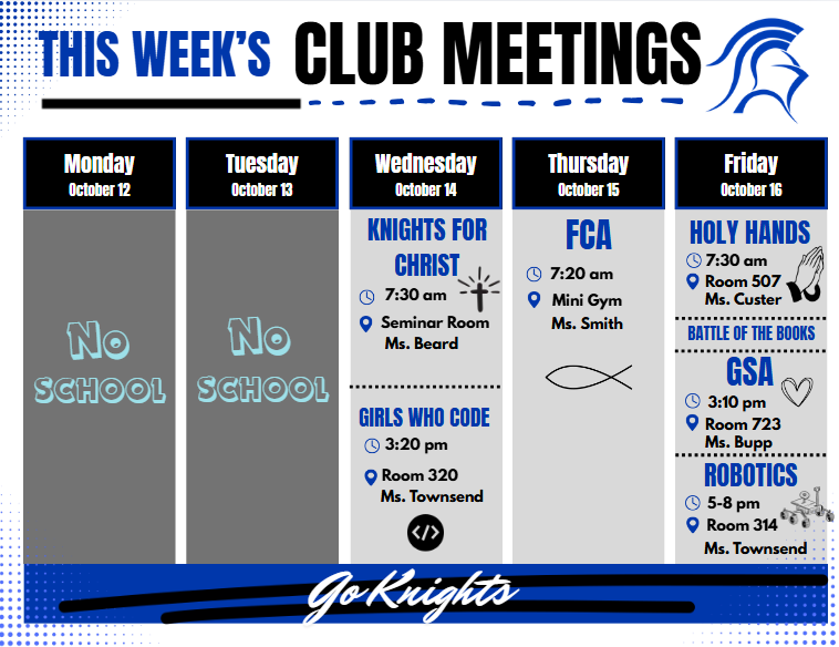 A schedule lists club meetings for each day of the week, from Monday to Friday. Details include the time, location, and leader for each meeting.
