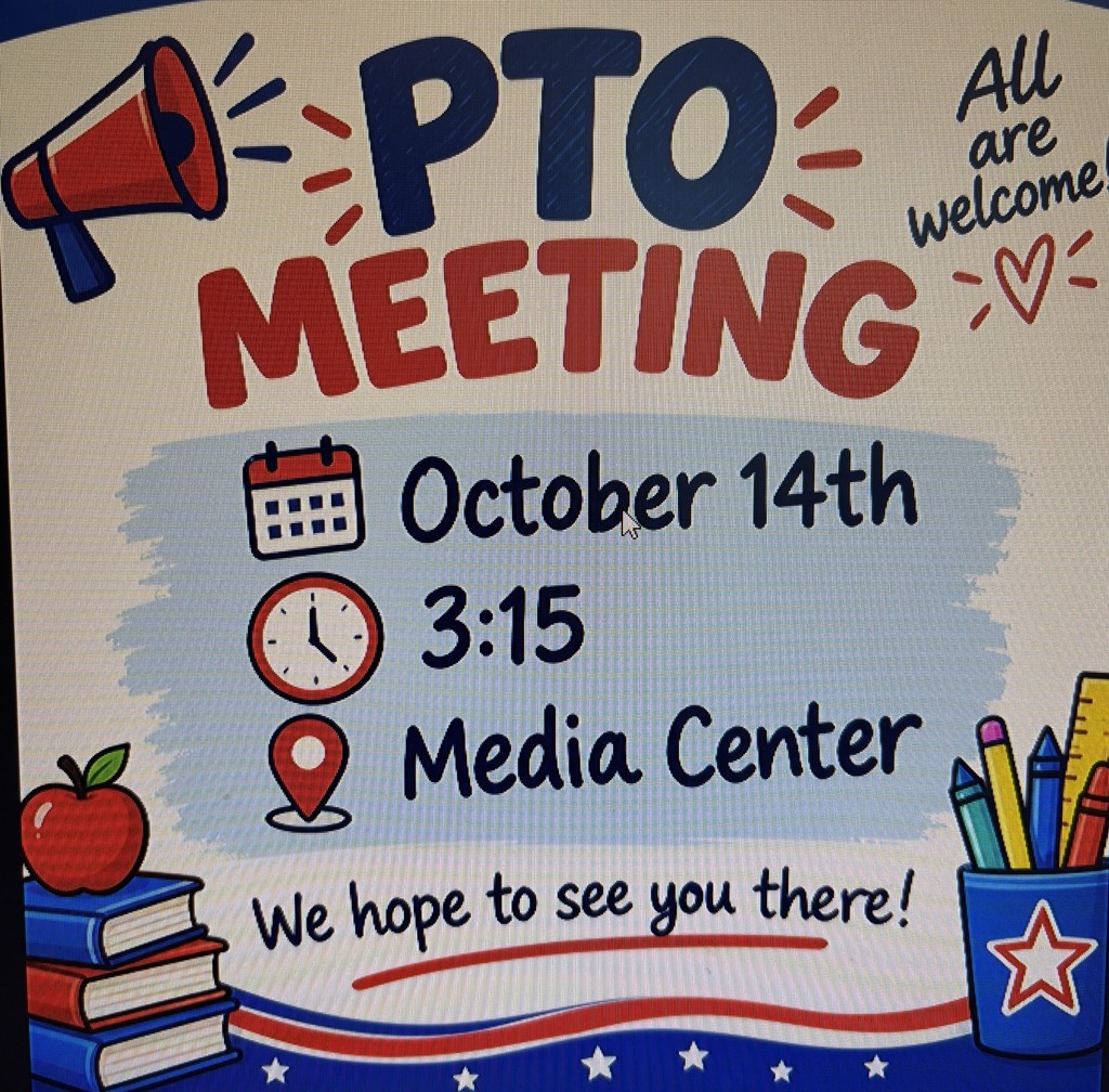 Event poster with bold blue letters "PTO MEETING" above date "October 14th" and time "3:15" at "Media Center". Symbols include megaphone, calendar, clock, location pin, apple, books, pencils.