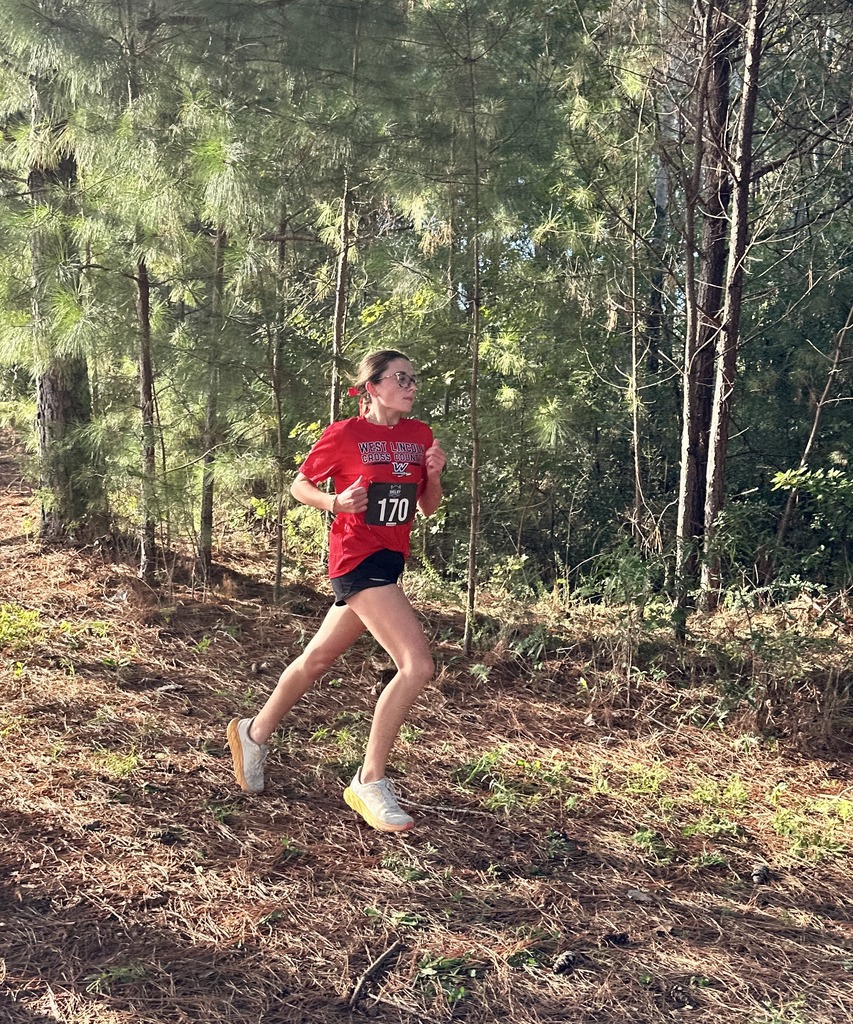 A person in a red shirt and black shorts runs on a dirt path in a forest.