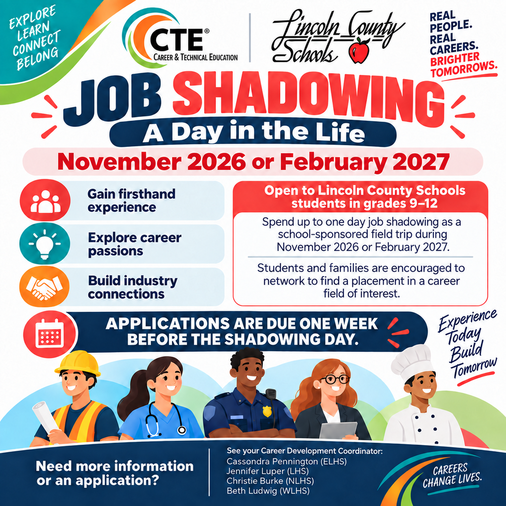 Alt-Text: Flyer for Lincoln County Schools CTE (Career & Technical Education) Job Shadowing: A Day in the Life. Scheduled for November 2026 or February 2027. Top text: Explore, Learn, Connect, Belong. Real People. Real Careers. Brighter Tomorrows. Main body text: Open to Lincoln County Schools students in grades 9-12. Gain firsthand experience, explore career passions, build industry connections. Spend up to one day job shadowing as a school-sponsored field trip during November 2026 or February 2027. Students and families are encouraged to network to find a placement in a career field of interest. Applications are due one week before the shadowing day. Slogan: Experience Today, Build Tomorrow. Bottom text: Need more information or an application? See your Career Development Coordinator: Cassondra Pennington (ELHS), Jennifer Luper (LHS), Christie Burke (NLHS), Beth Ludwig (WLHS). Tagline: Careers Change Lives. Illustrations of construction worker, nurse, police officer, business professional, and chef.