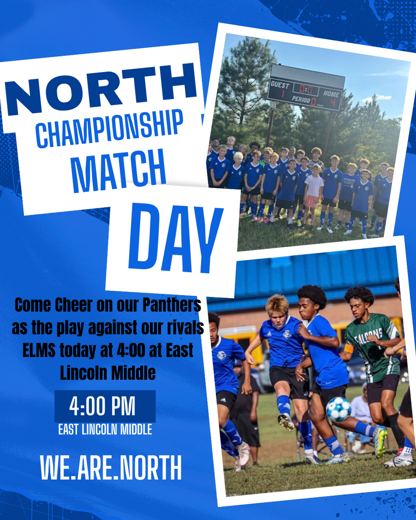 Blue background features text "NORTH CHAMPIONSHIP MATCH DAY" and pictures of young soccer players.