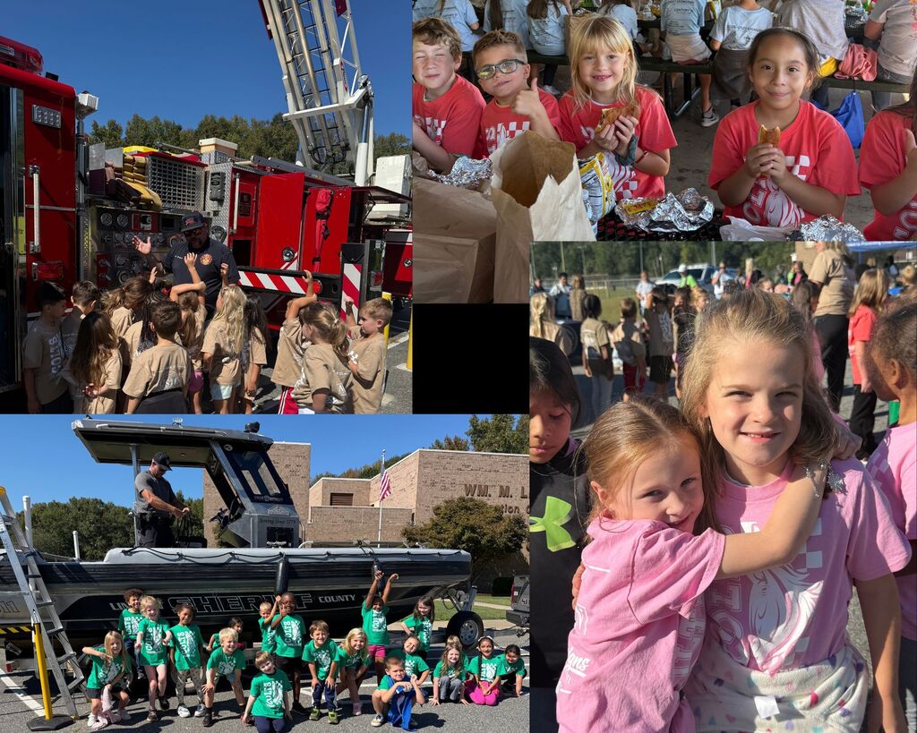 Collage of scenes with children in uniforms, fire trucks, a boat, and various activities at an event.