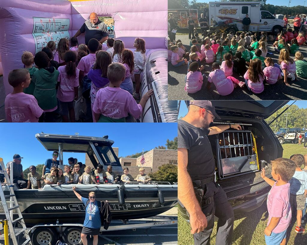 Four images show a large group of children in pink shirts. A man speaks in an inflatable tent. A boat with children on a trailer. A man showing children a police car.