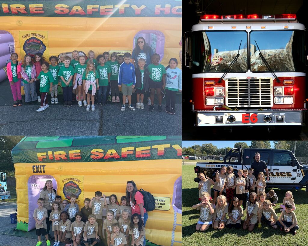 Three photos: one with children in front of a fire safety tent, one with a fire truck, and one with a police car.