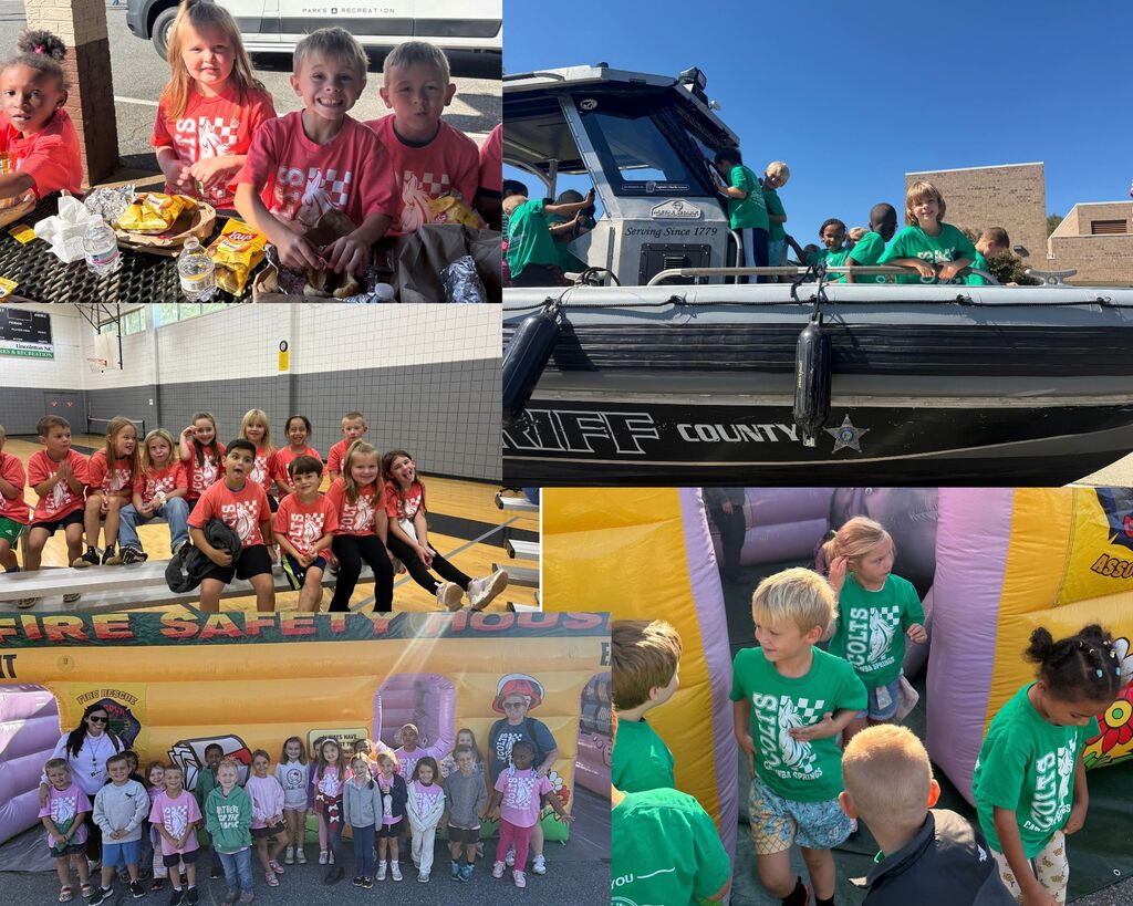 Four collage photos: children in red shirts, a boat with people, children in green shirts, and a group of children and adults.