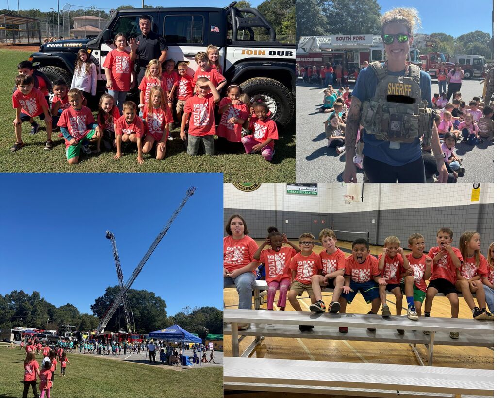 Four photos: kids in red shirts, a police truck, an adult in a vest, a fire truck, children on bleachers.
