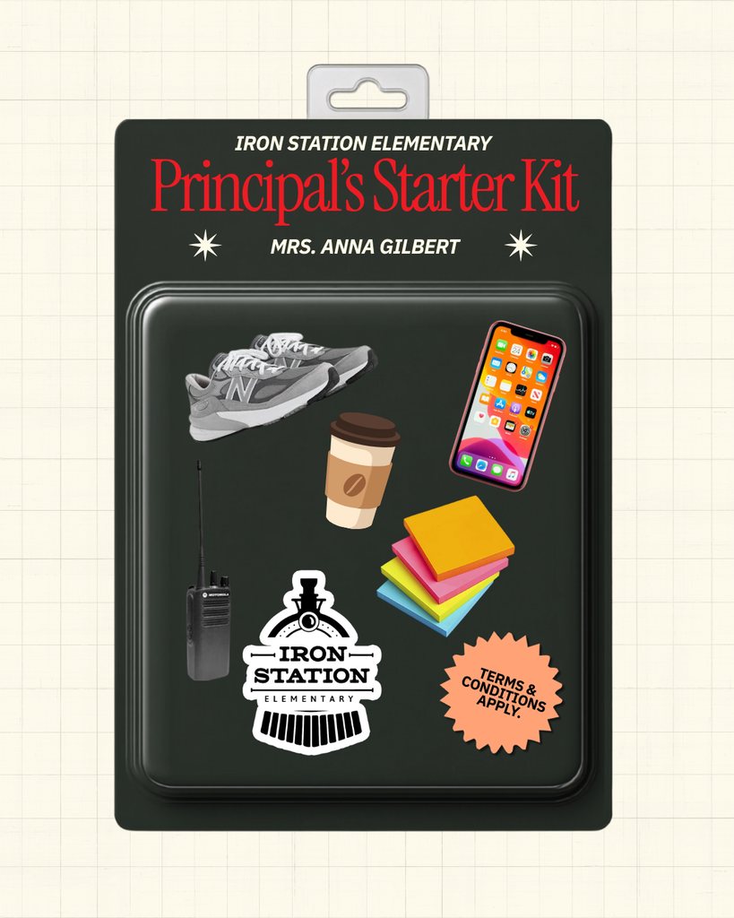 Black package shows various items on a white background. Items include a cell phone, sneakers, and coffee cup. Other items include papers and a walkie-talkie.
