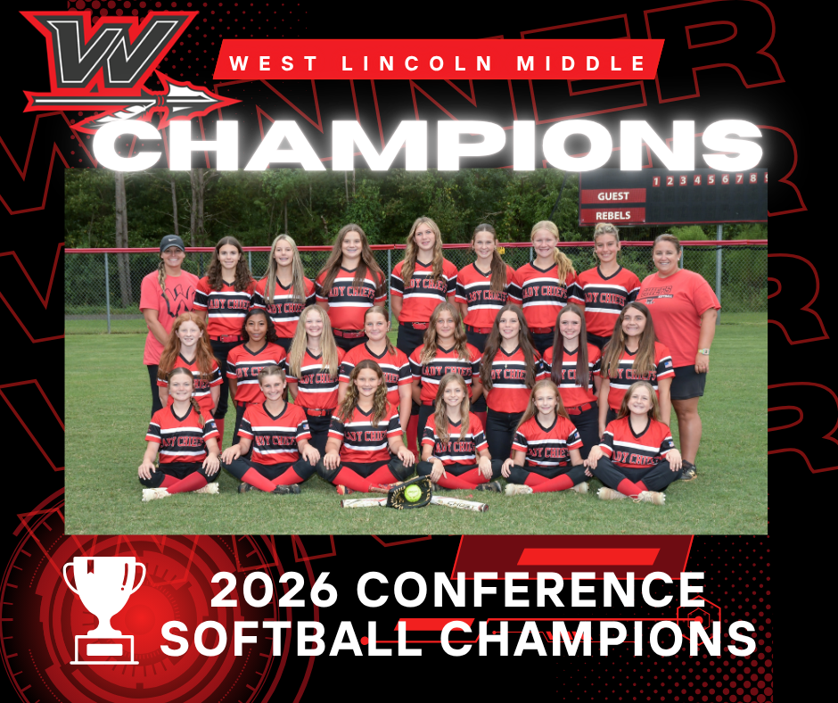 A team of female softball players in red and black uniforms poses for a photo on a field.