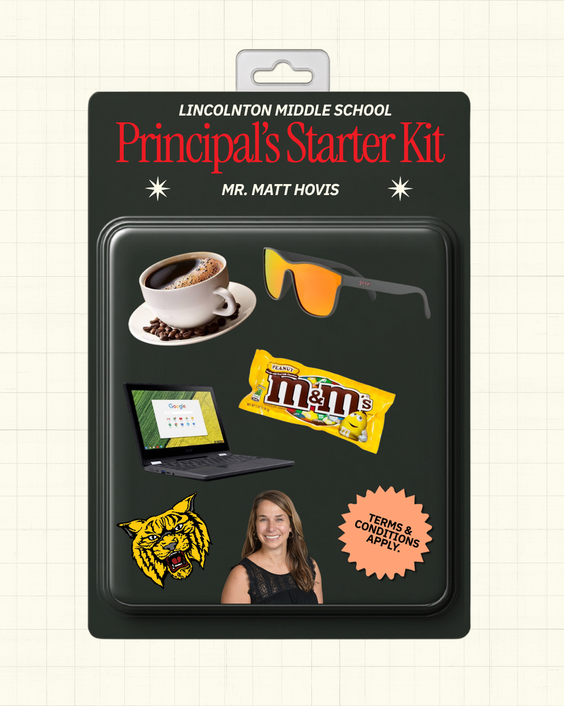 Packaged kit with various stickers. Items include a coffee cup, sunglasses, laptop, M&Ms, tiger, and a woman.