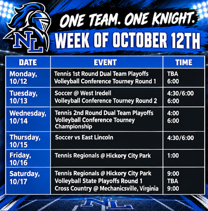 Schedule for sports events from Monday, October 12th to Saturday, October 17th. Times in TBA.